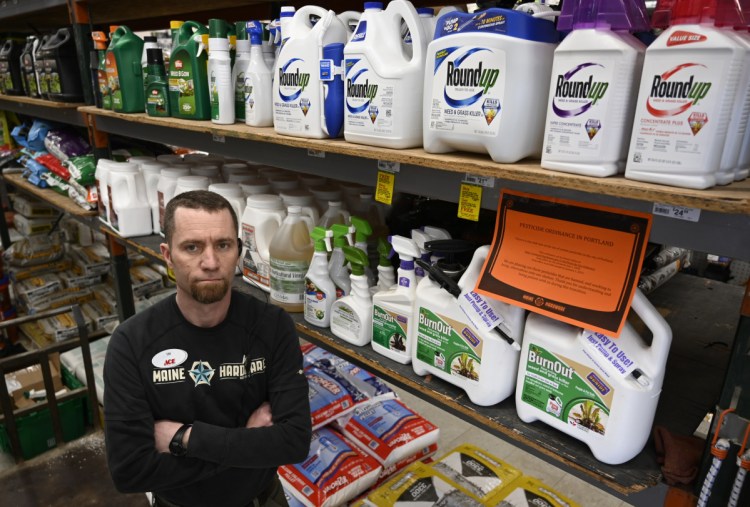 Tim Currier, general manager at Maine Hardware, will stop stocking synthetic pesticides. He's been trying to direct shoppers to buy organic, but he says the sythentic formulas remain popular.