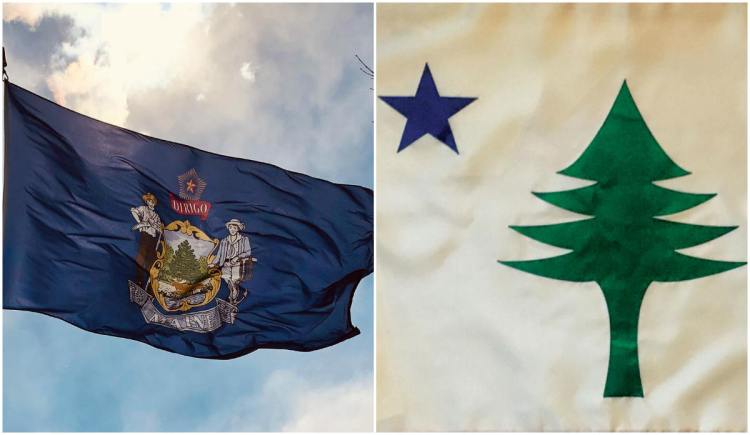 A legislative committee voted Monday to kill a bill that would have changed the Maine state flag, left, to an earlier and simpler 1901 design, right.