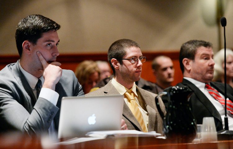 PORTLAND, ME - March 1: John Williams, center, along with his attorneys attorney Patrick Nickerson, left and Verne Paradie in court for a motion to suppress his confession in the death of Cpl. Eugene Cole, a sheriff's deputy from Somerset County who was fatally shot last year. Friday, March 1, 2019. Staff photo by Shawn Patrick Ouellette