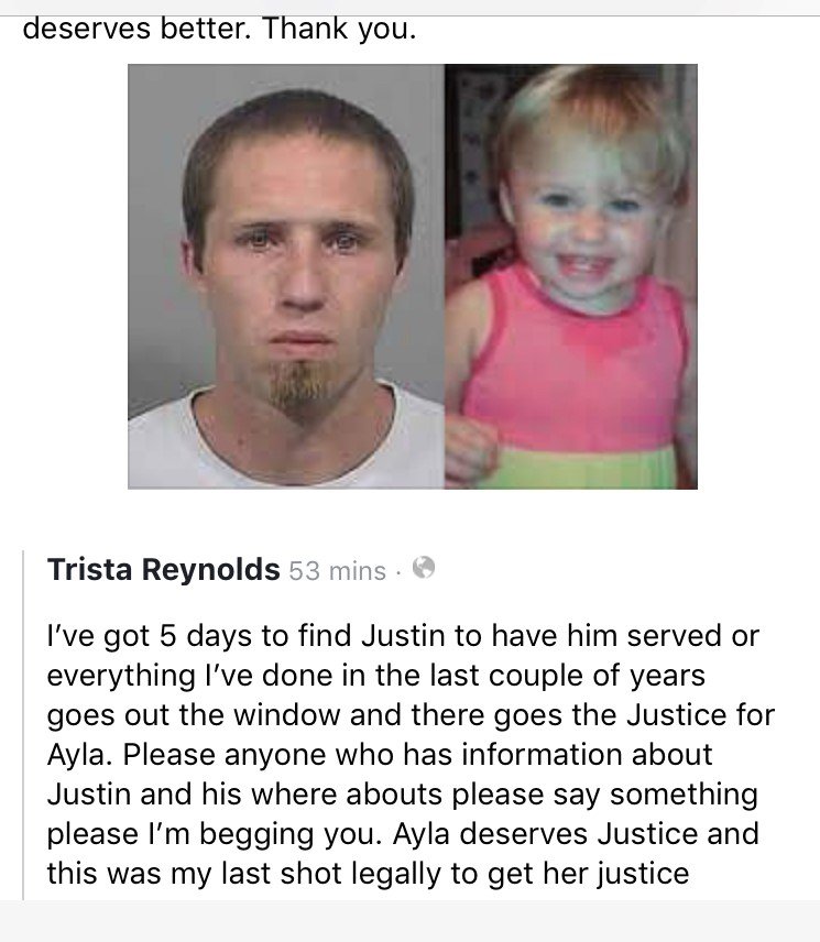 Trista Reynolds' Facebook post pleading for help in locating Justin DiPietro.