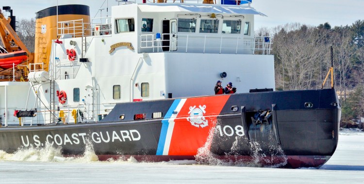 The U.S. Coast Guard cutter Thunder Bay breaks ice on the Kennebec River between Swan Island and Dresden at 12:34 p.m. Thursday, seen from Dresden shore.