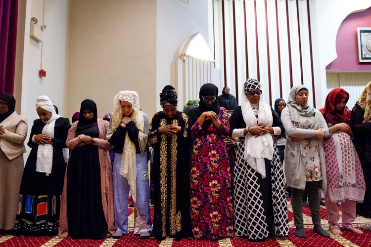 A group of women pray at the Masjidullah Mosque in Philadelphia on Friday.