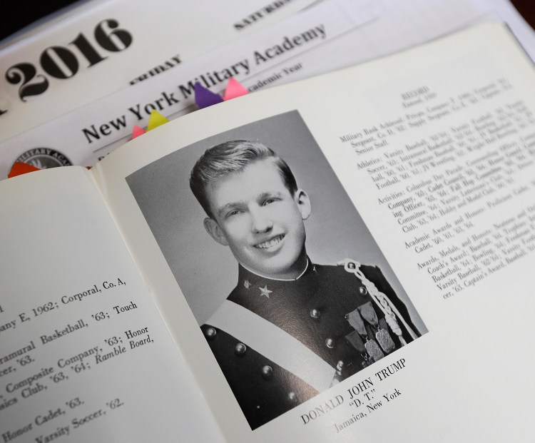 Donald Trump is shown in the 1964 Shrapnel yearbook at the New York Military Academy in Cornwall-on-Hudson, N.Y. The superintendent, Jeffrey Coverdale, confirmed Monday that members of the school’s board of trustees initially wanted him to hand over Trump’s records to them in 2011 in order to keep them secret, but Coverdale said he refused.