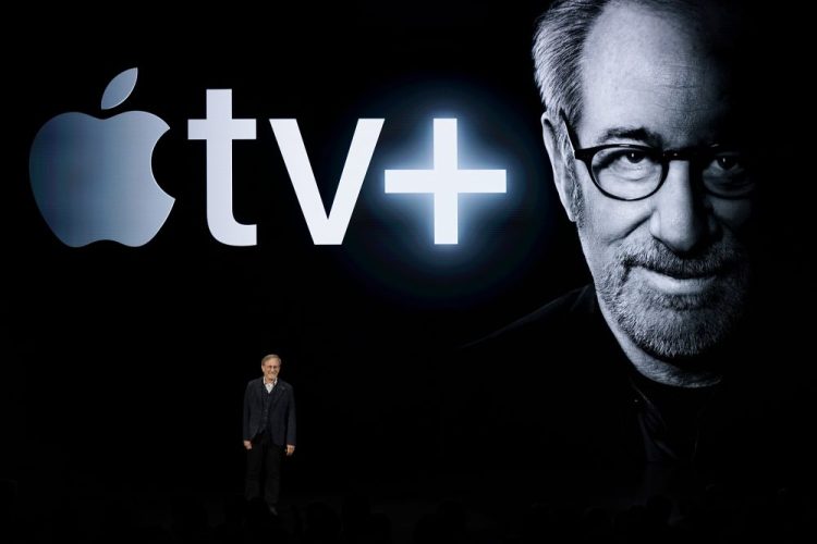 Director Steven Spielberg speaks at the Steve Jobs Theater during an event to announce new Apple products Monday in Cupertino, Calif. 