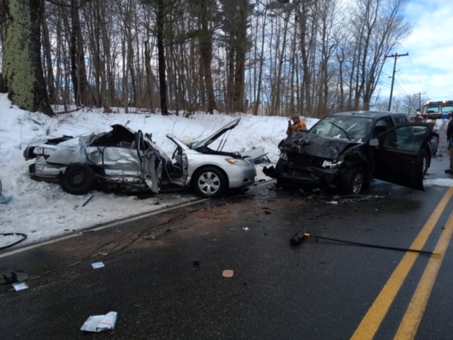 Three people died in the crash about 7 a.m. Monday on County Road in Westbrook, where icy roads had been reported.