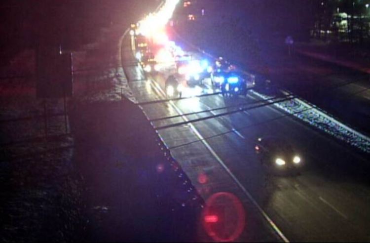 This image from a Maine Turnpike traffic camera shows the accident scene Friday night near Exit 32 in Biddeford.