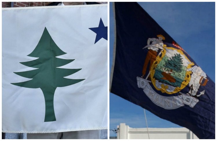 Dueling Maine flags: The original, left, which some are advocating be adopted, and the current flag, which bears the Maine state seal. 
