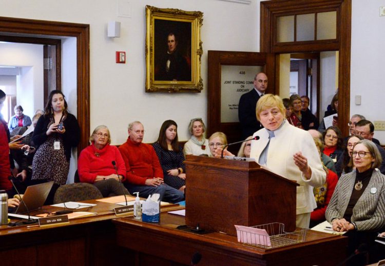 Gov. Janet Mills testifies Thursday before the Legislature's Judiciary Committee in favor of a ballot measure that would amend the state’s Constitution to prohibit discrimination based on gender. It was her first testimony before a legislative committee since she became governor in January.