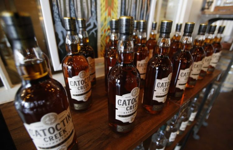 Catoctin Creek Distillery whiskey is on display in a tasting room in Purcellville, Va. onJune 20, 2018.