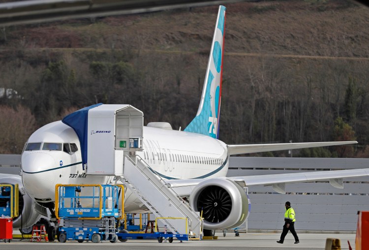 A Boeing 737 Max 8 airplane parked at Boeing Field in Seattle on March 14.