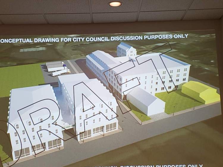 A graphic of the conceptual design for the potential development at and around the former Bicknell Manufacturing building was part of a presentation to the Rockland City Council on Monday.