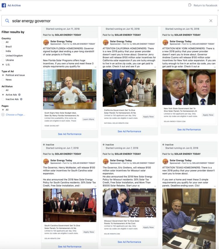 A screenshot shows the results of a search for Facebook and  "solar energy governor." The ads  falsely promised social media users that they could "get paid to go solar."