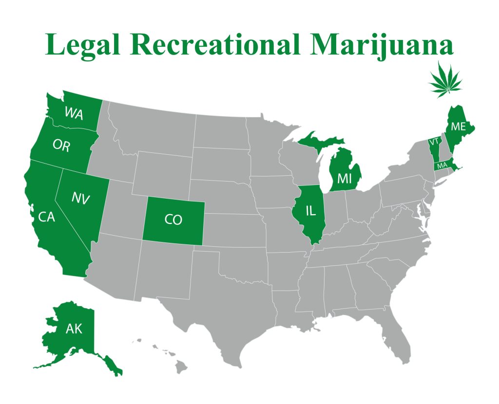 A map shows U.S. states that have legalized recreational possession and/or sales of cannabis as of January, 2020.