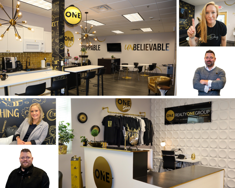 Clockwise from top: the café at Realty One Group's new office is where they hold monthly education classes for agents; Paige Pelletier, Director of Agent Services & Marketing; Steven Brackett, Owner and Broker; the reception desk at the new Realty One Group Compass office; Zach Blair, Broker & Director of Operations; Pressley Lawrence, Education Officer & Coach