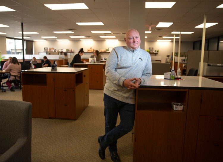 Aroma Joe’s CEO Loren Goodridge in the company’s newly leased office space in South Portland.