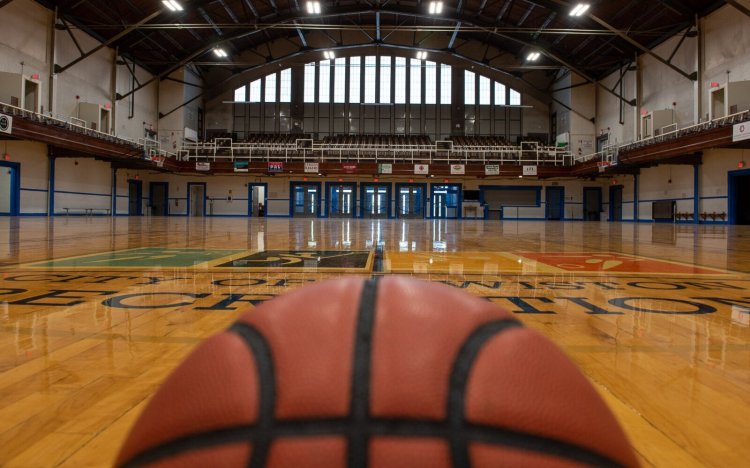 A basketball bounces Wednesday afternoon on the new floor at the Lewiston Armory. Owners of a new semiprofessional women's basketball team announced they will make Lewiston and the armory the team's home, with play beginning next summer.