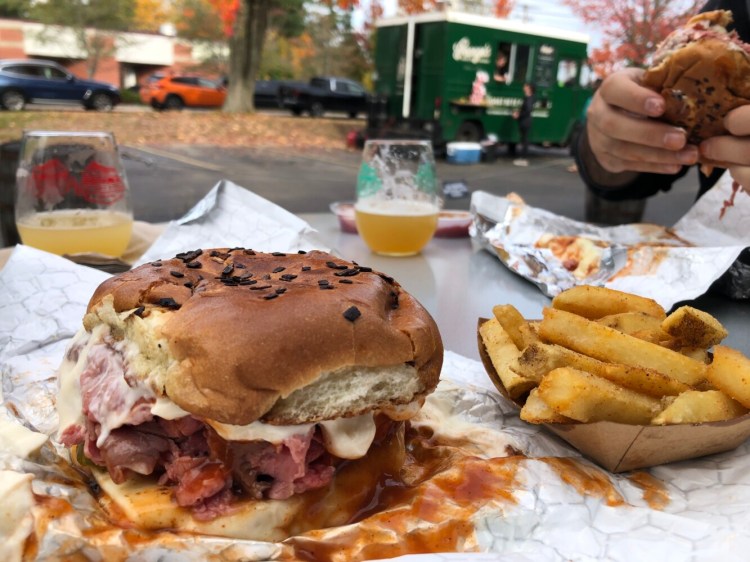 A Classic North Shore Beef Sandwich and side of fries from George's North Shore food truck, parked by the breweries on Industrial Way.