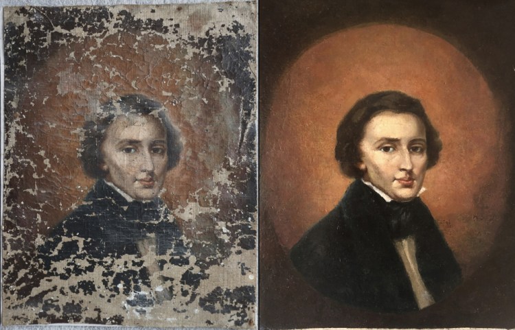 This combination of undated photos shows a portrait of Polish composer Frederic Chopin before and after restoration.   
