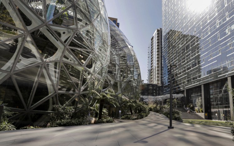 The Amazon campus outside the company headquarters in Seattle sits nearly deserted in March 2020. 

