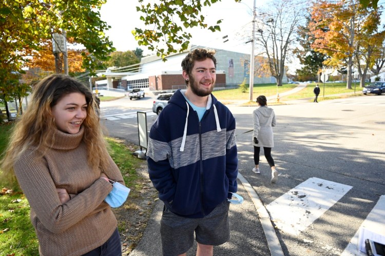 Students Jasmine Lewis, left, of Boothbay Harbor and Jaydan Burditt of Gardiner talk about their educational pursuits on the campus of Southern Maine Community College last week. The school will be making a push this spring to bring back students who have been putting off their education.
