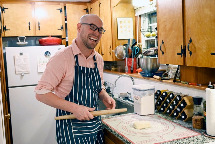 Print bookstore co-owner Josh Christie says baking pie brings him joy. 