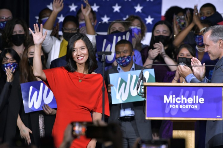 Boston Mayor-elect Michelle Wu greets supporters at her election night party, Tuesday Nov. 2, 2021, in Boston. 