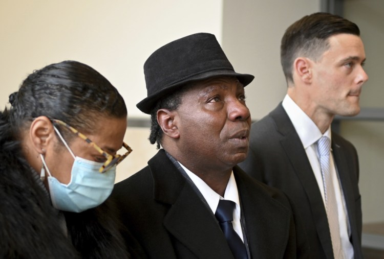 Anthony Broadwater, 61, center, after a judge this month overturned his conviction that wrongfully put him in state prison for the rape of author Alice Sebold, in Syracuse, N.Y. 