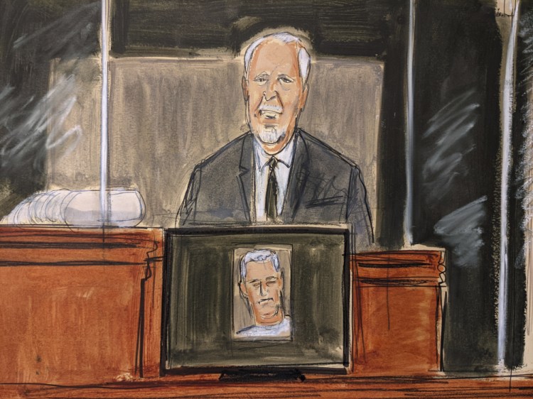 In this courtroom sketch, Lawrence Paul Visoski Jr., who was one of Jeffrey Epstein's pilots, testifies on the witness stand during Ghislaine Maxwell's sex trafficking trial, on Monday in New York. 