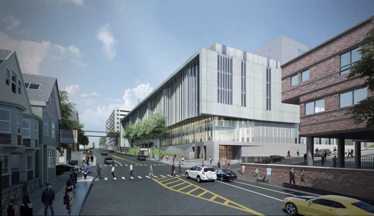A rendering of Maine Medical Center's planned Malone Family Tower on Congress Street in Portland. The medical tower is the final piece of the hospital's plan to reorient itself to Congress Street, expand availability of private rooms and provide state-of-the-art procedure rooms centered on cardiovascular care.