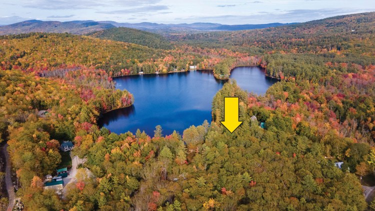 A yellow arrow points to the general area of this 2.04-acre lot at 83 Kezars Ridge Rd. in Waterford. The body of water is Jewett Pond.