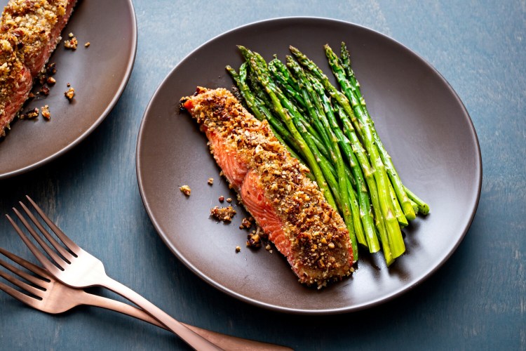 Honey-Dijon and Pecan Baked Salmon with Asparagus
