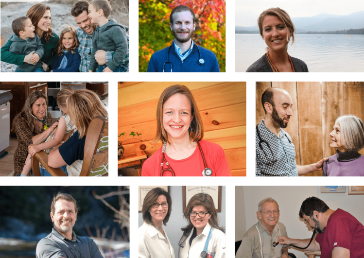Maine direct primary care doctors can be found on Taro Health. Clockwise from top left: Lisa Lucas, DO and her family, Oren Gersten, MD; Catherine Krouse, DO; Ben Hagopian, MD with a patient; Michael Ciampi, MD with a patient; Karen Saylor, MD and Alexandra Barr, DO; Leigh "Jack" Forbush, DO; Ali Kopelman, MD making a house call; Anastasia Norman, MD.