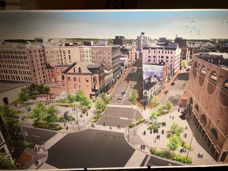 A rendering of the redesign of Congress Square in Portland. The project's first phase, which is just beginning, includes reconfiguring the intersection of Congress and High streets to improve traffic flow, upgrade signal equipment and enhance safety.