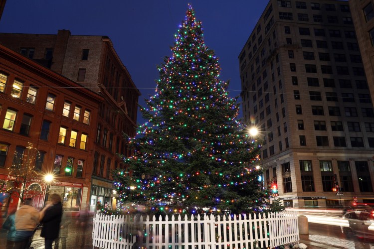 The tree in Portland's Monument Square is illuminated for the first time on Friday, Nov. 26, as seen in this long-exposure photograph. The annual lighting ceremony was low key this year due to coronavirus precautions. (Staff photo by Ben McCanna/Staff Photographer)