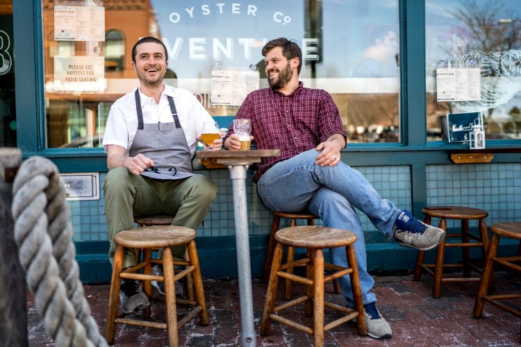 Mike Wiley, left, and Andrew Taylor at Eventide Oyster Co. in Portland in 2016. 