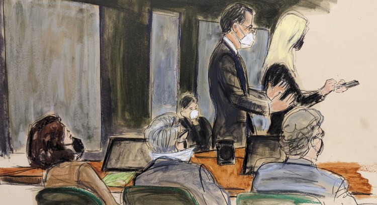 In this courtroom sketch, Ghislaine Maxwell, seated left, watches her defense attorneys Christian Everdell and Laura Menninger, right, argue regarding a jury note that asked for clarity about a charge during her sex trafficking trial, on Monday in New York. 