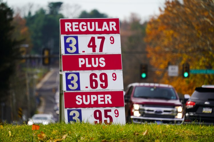 Gasoline prices are displayed at a station Nov. 17 in Huntingdon Valley, Pa. 