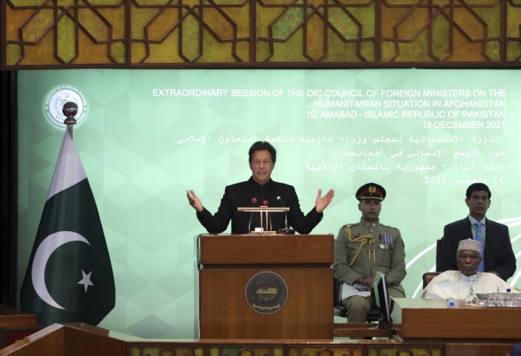 Pakistan Prime Minister Imran Khan speaks during the 17th extraordinary session of the Organization of Islamic Cooperation Council of Foreign Ministers in Islamabad, Pakistan, on Sunday.

