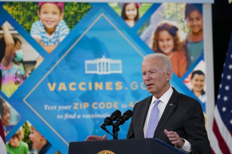 President Biden talks about the newly approved COVID-19 vaccine for children ages 5-11 at the South Court Auditorium on the White House complex in Washington on  Nov. 3.

