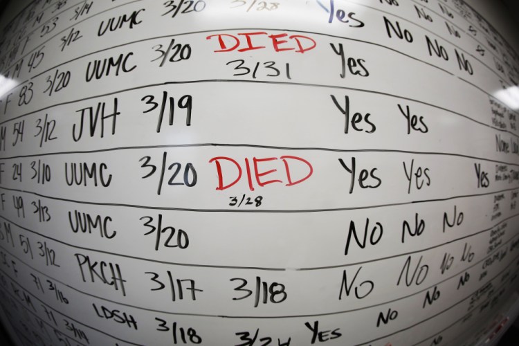 This May 13, 2020, photo taken with a fisheye lens shows a list of the confirmed COVID-19 cases in Salt Lake County early in the coronavirus pandemic at the Salt Lake County Health Department, in Salt Lake City. The arrival of the omicron variant of the coronavirus in the U.S. has health officials in some communities reviving contact tracing operations. (AP Photo/Rick Bowmer, File)