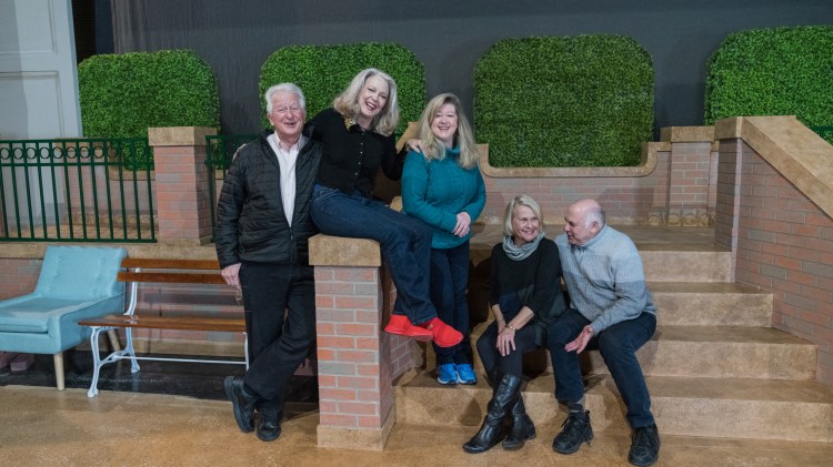 The cast of Senior Living—Steve Vinovich, Beth Glover, Grace Bauer, Cynthia Barnett, and David Wohl—on the unfinished set