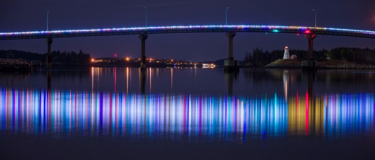 The holiday lights on the Franklin Delano Roosevelt Memorial Bridge between Lubec and Campobello Island over Christmas. The 2,000 feet of lights, powered by a small gasoline generator, were installed by Joel Ross of Lubec. 