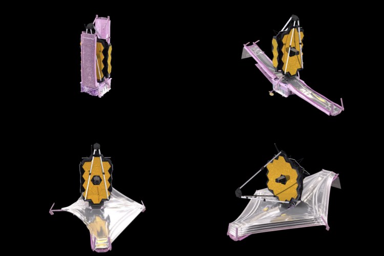 This combination of images from a computer animation made available by NASA in December 2021 depicts the unfolding of the components of the James Webb Space Telescope. Webb is so big that it had to be folded origami-style to fit into the nose cone of the Ariane rocket. 