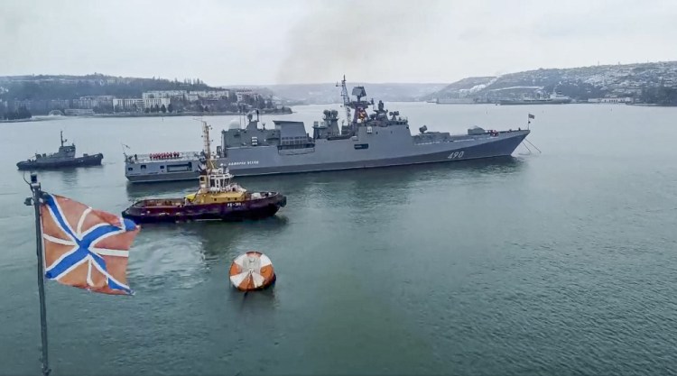 In this photo taken from video and released by the Russian Defense Ministry Press Service on Wednesday, the Russian navy's frigate Admiral Essen prepares to sail off for an exercise in the Black Sea. Russia has launched a series of drills amid the tensions over Ukraine. 