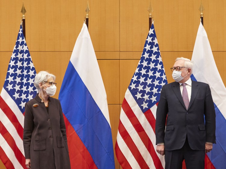 U.S. Deputy Secretary of State Wendy Sherman and Russian deputy foreign minister Sergei Ryabkov attend security talks at the United States Mission in Geneva, Switzerland, on Monday.
