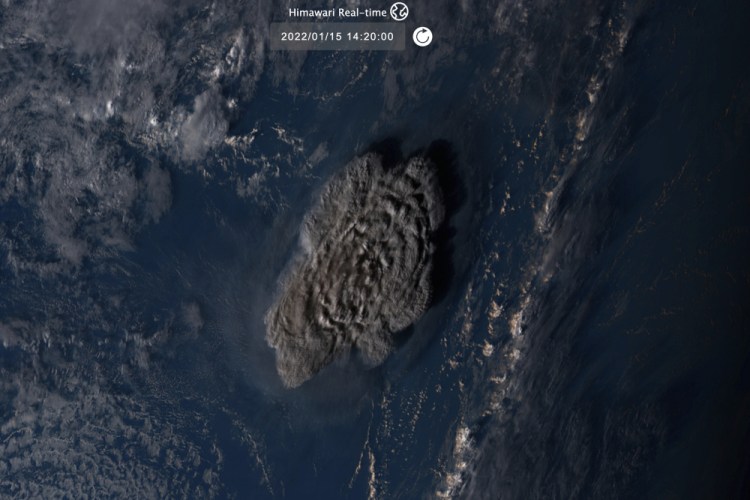 This satellite image taken by Himawari-8, a Japanese weather satellite operated by Japan Meteorological Agency and released by National Institute of Information and Communications Technology, shows an undersea volcano eruption Saturday at the Pacific nation of Tonga.