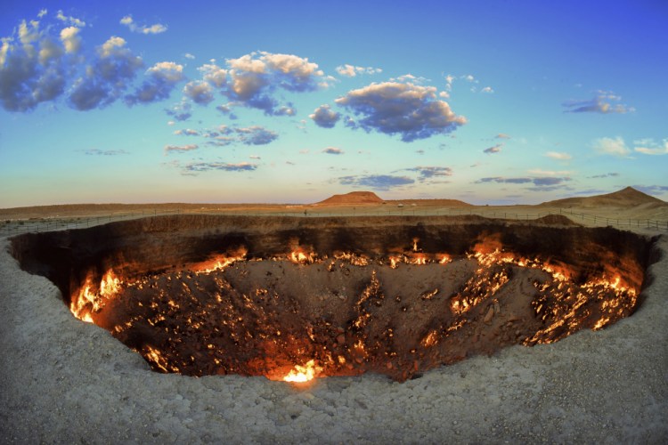 The crater fire named "Gates of Hell" near Darvaza, Turkmenistan, in 2020. 

