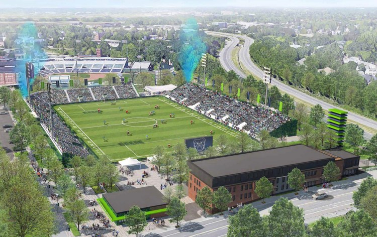 A rendering of proposed renovations to Portland's Fitzpatrick Stadium to accommodate a United Soccer League franchise. The track that currently surrounds the turf field at Fitzpatrick Stadium would need to be moved to a different location to allow for widening the field.