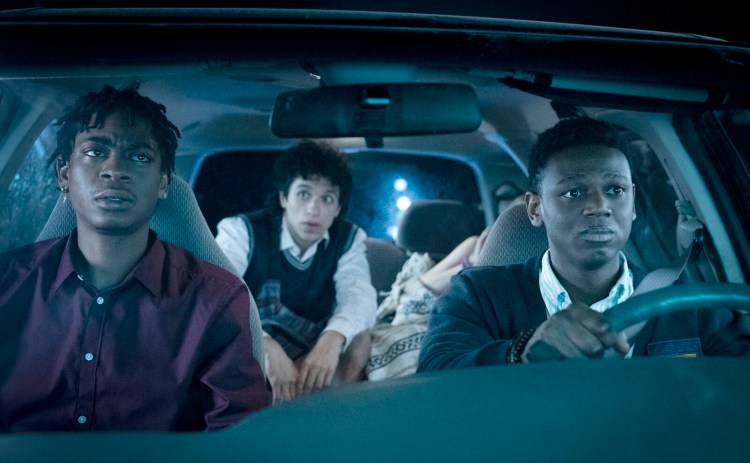 RJ Cyler, left, as Sean; Sebastian Chacon as Carlos; and Donald Elise Watkins as Kunle in "Emergency." MUST CREDIT: Quantrell Colbert/2021 Amazon Content Services LLC