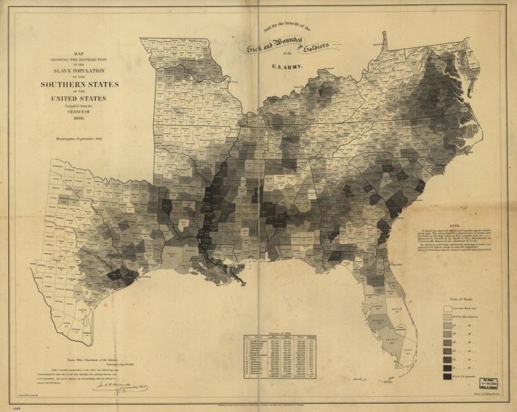 An 1861 map showing the distribution of the slave population in the South helped illustrate the cause of the Civil War — the South's reliance on slavery. 